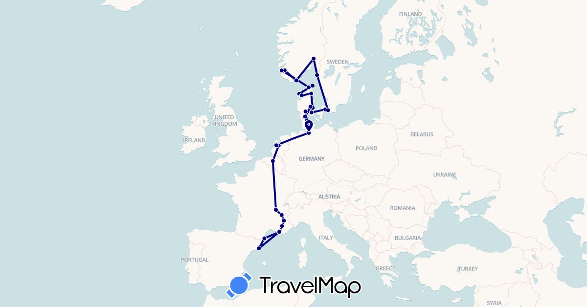 TravelMap itinerary: driving in Belgium, Germany, Denmark, Spain, France, Netherlands, Norway, Sweden (Europe)